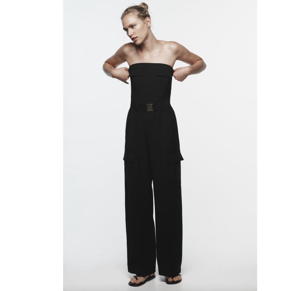BLOGGER'S FAVE! Zara Strapless Belted Cargo Jumpsuit NWT - Picture 7 of 10